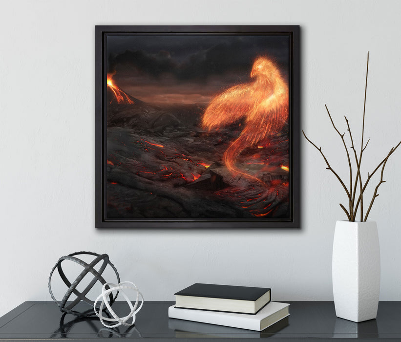 Brennender Phönix Vulkanlandschaft  auf Leinwandbild Quadratisch gerahmt mit Kirschblüten