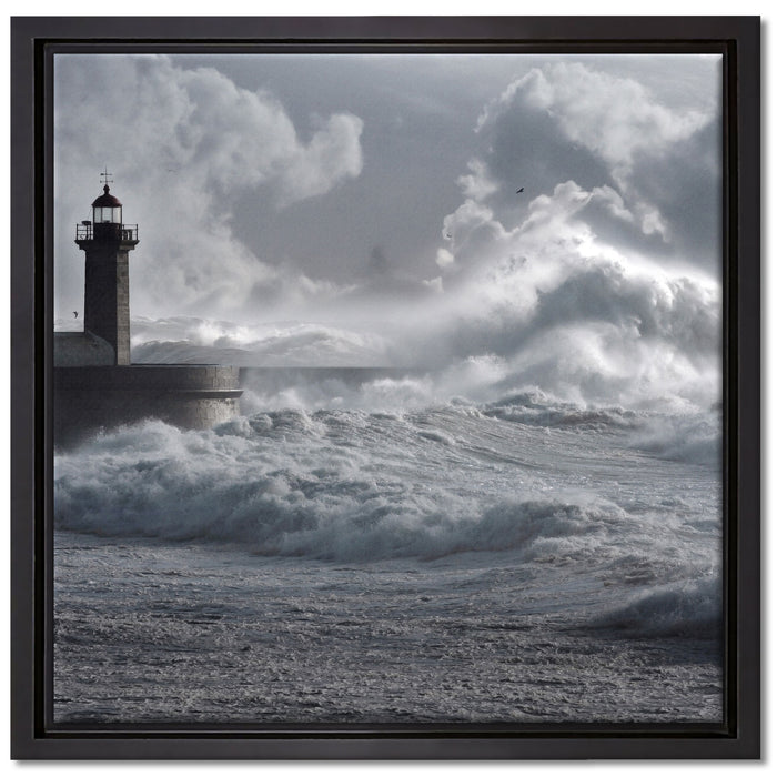 Sturmwellen Leuchtturm Portugal auf Leinwandbild Quadratisch gerahmt Größe 40x40