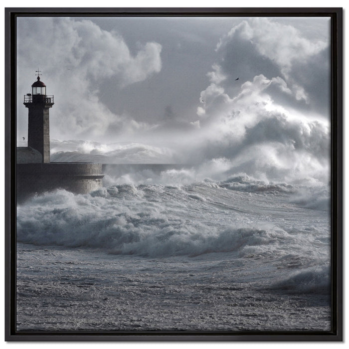 Sturmwellen Leuchtturm Portugal auf Leinwandbild Quadratisch gerahmt Größe 70x70