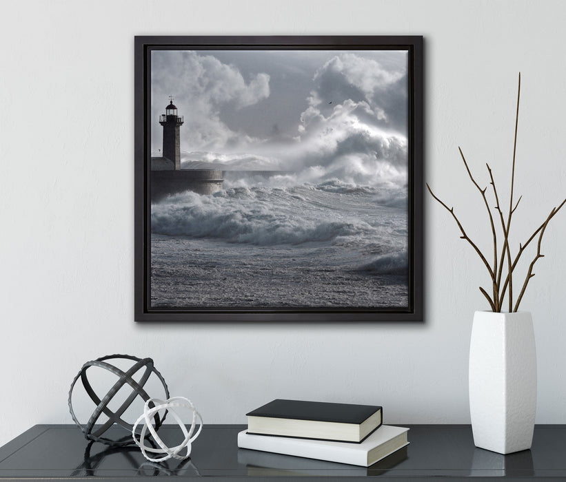 Sturmwellen Leuchtturm Portugal  auf Leinwandbild Quadratisch gerahmt mit Kirschblüten