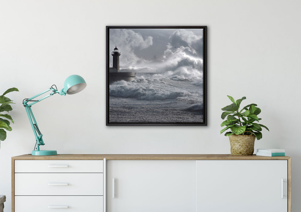 Sturmwellen Leuchtturm Portugal auf Leinwandbild gerahmt Quadratisch verschiedene Größen im Wohnzimmer
