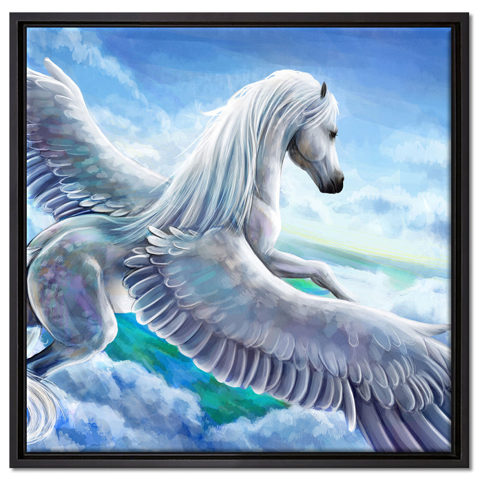 Pegasus fliegt über den Wolken auf Leinwandbild Quadratisch gerahmt Größe 60x60