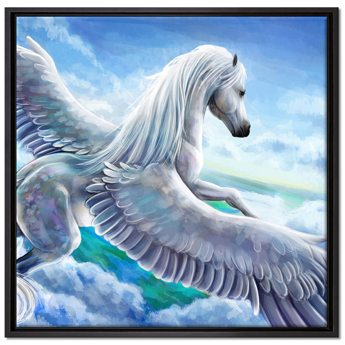 Pegasus fliegt über den Wolken auf Leinwandbild Quadratisch gerahmt Größe 70x70