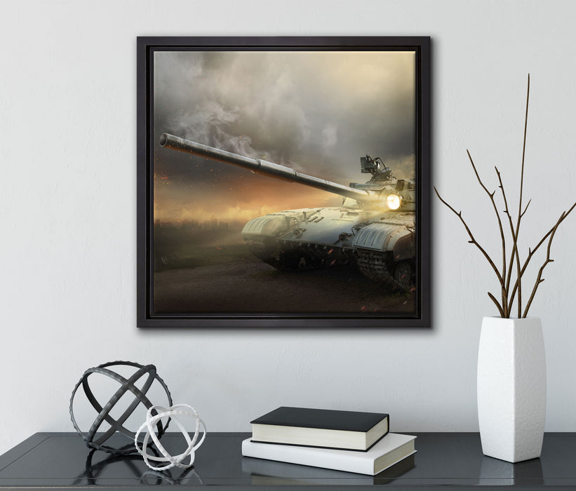 Panzer im Nebel  auf Leinwandbild Quadratisch gerahmt mit Kirschblüten