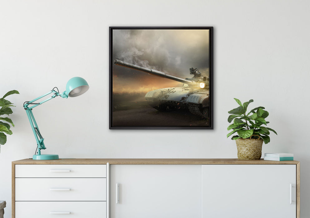 Panzer im Nebel auf Leinwandbild gerahmt Quadratisch verschiedene Größen im Wohnzimmer