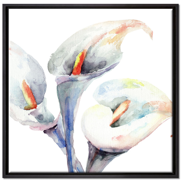 Aquarell Blüten Callas Kunst auf Leinwandbild Quadratisch gerahmt Größe 70x70