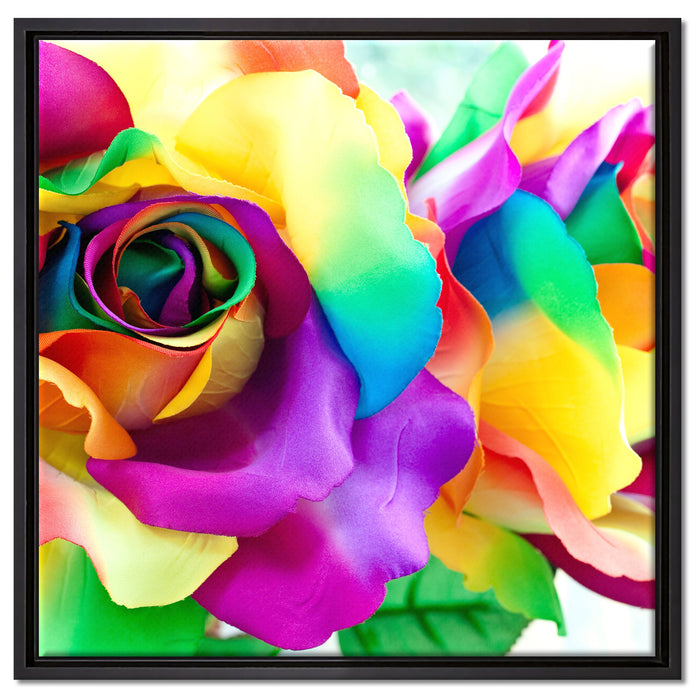 Kunterbunte Rosen auf Leinwandbild Quadratisch gerahmt Größe 60x60