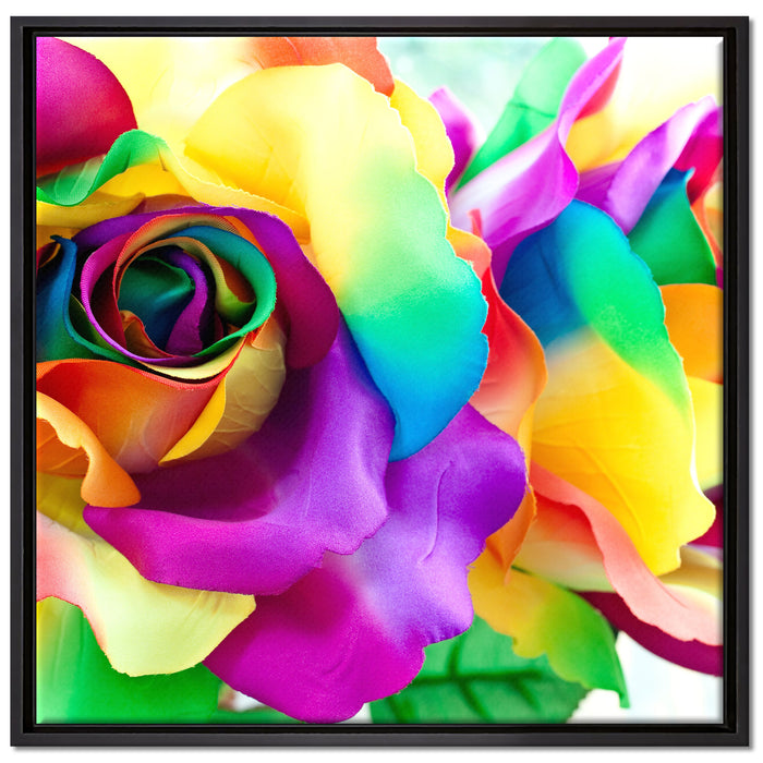 Kunterbunte Rosen auf Leinwandbild Quadratisch gerahmt Größe 70x70