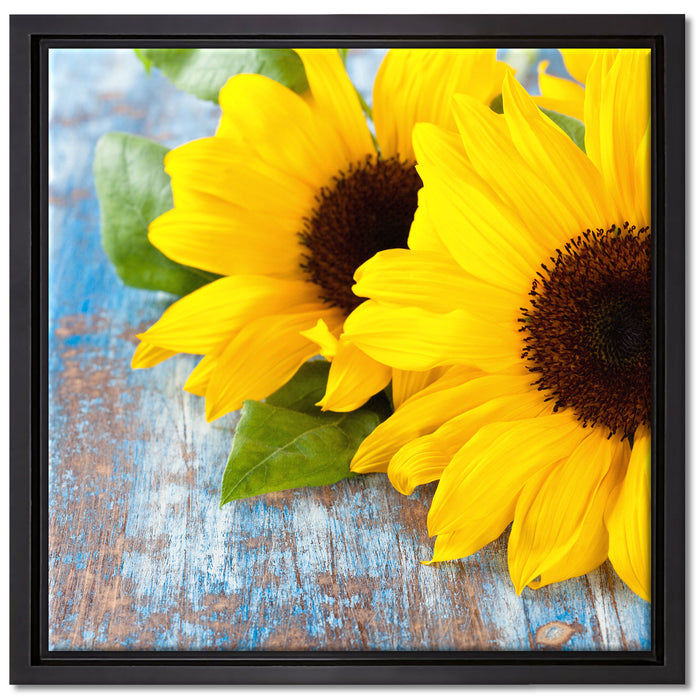 Sonnenblumen auf Holztisch auf Leinwandbild Quadratisch gerahmt Größe 40x40