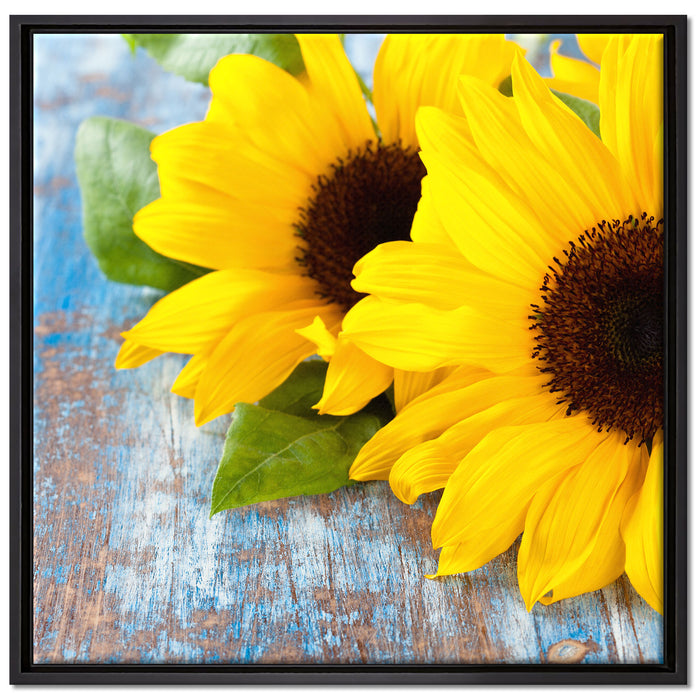 Sonnenblumen auf Holztisch auf Leinwandbild Quadratisch gerahmt Größe 70x70