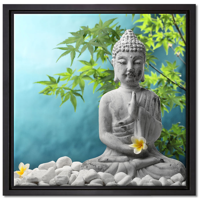 Buddha auf Steinen mit Monoi Blüte auf Leinwandbild Quadratisch gerahmt Größe 40x40
