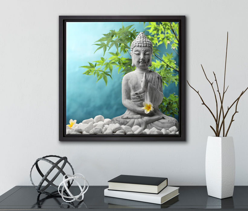 Buddha auf Steinen mit Monoi Blüte  auf Leinwandbild Quadratisch gerahmt mit Kirschblüten