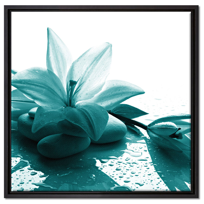 Düstere Lilie mit Zen Steinen auf Leinwandbild Quadratisch gerahmt Größe 60x60