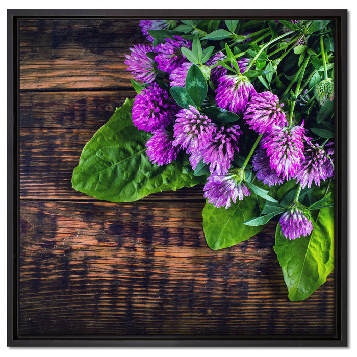 Kleeblüten auf Holz auf Leinwandbild Quadratisch gerahmt Größe 60x60