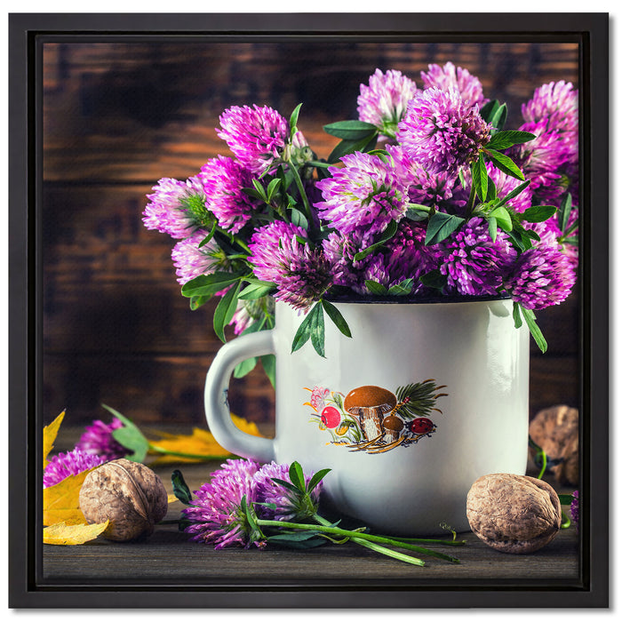 Kleeblüten in Blechtopf auf Leinwandbild Quadratisch gerahmt Größe 40x40
