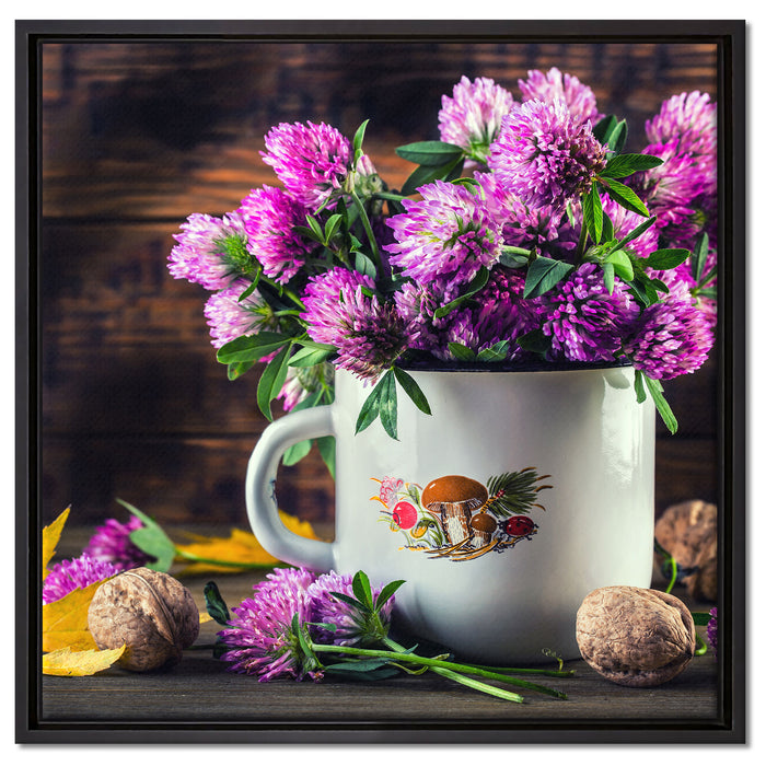 Kleeblüten in Blechtopf auf Leinwandbild Quadratisch gerahmt Größe 60x60