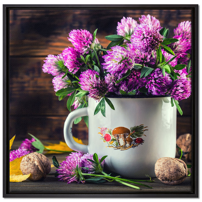 Kleeblüten in Blechtopf auf Leinwandbild Quadratisch gerahmt Größe 70x70
