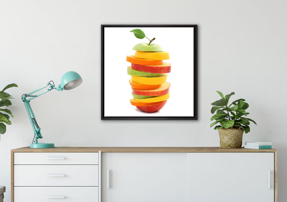 Köstlicher Fruchtscheiben Turm auf Leinwandbild gerahmt Quadratisch verschiedene Größen im Wohnzimmer