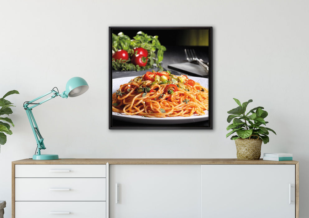 Leckere Spaghetti Italia auf Leinwandbild gerahmt Quadratisch verschiedene Größen im Wohnzimmer