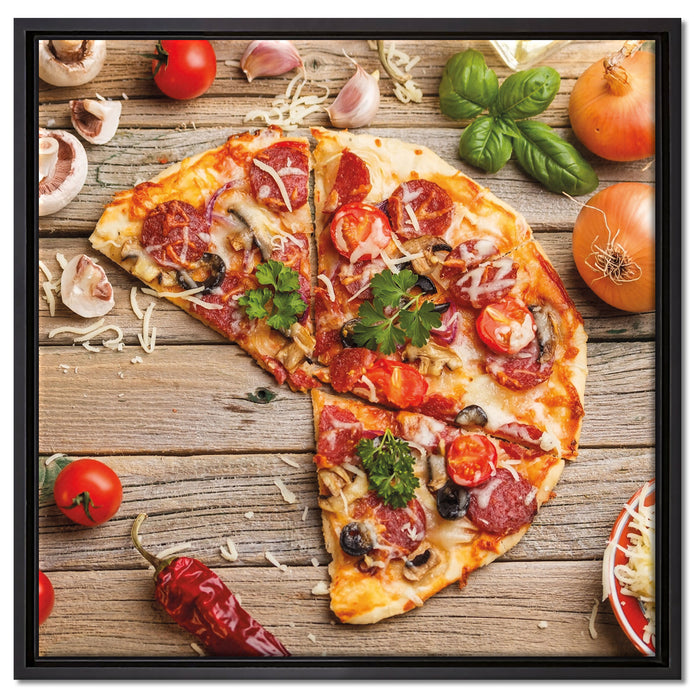 Pizza Italia auf Holztisch auf Leinwandbild Quadratisch gerahmt Größe 60x60