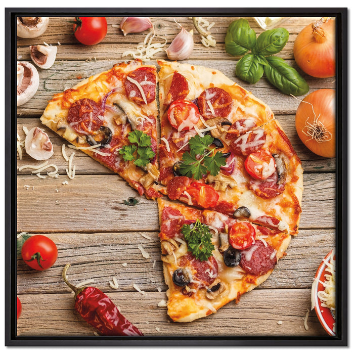 Pizza Italia auf Holztisch auf Leinwandbild Quadratisch gerahmt Größe 70x70