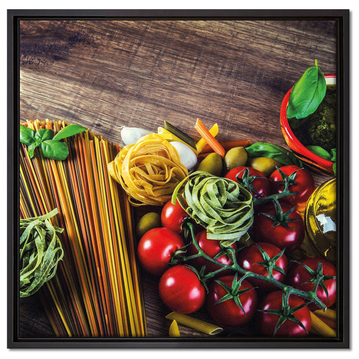 Pasta Italia mit Tomaten auf Leinwandbild Quadratisch gerahmt Größe 60x60