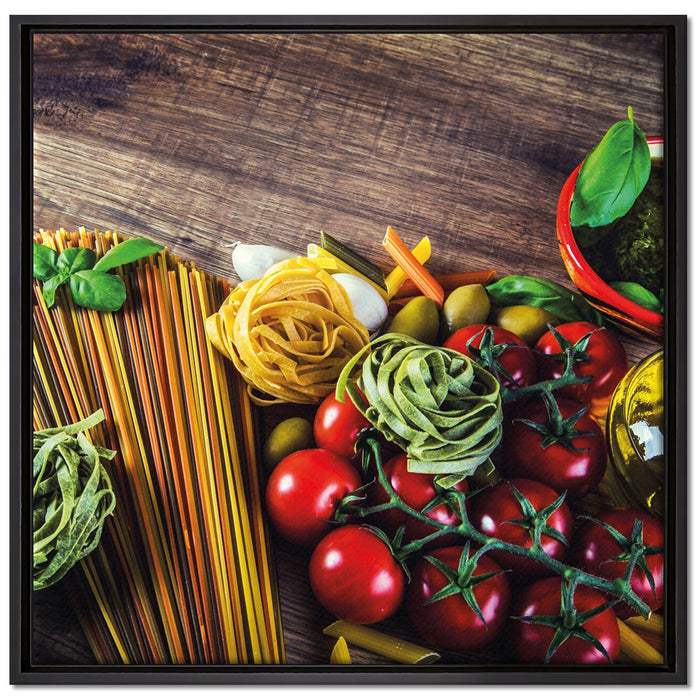 Pasta Italia mit Tomaten auf Leinwandbild Quadratisch gerahmt Größe 70x70