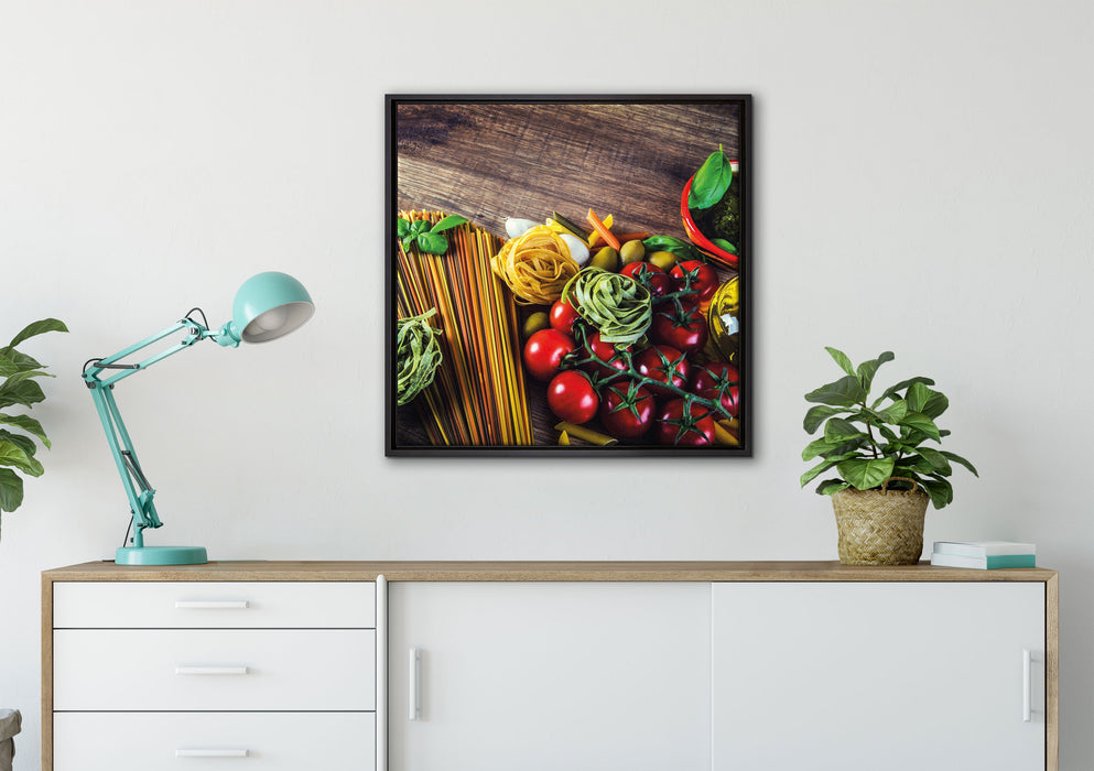 Pasta Italia mit Tomaten auf Leinwandbild gerahmt Quadratisch verschiedene Größen im Wohnzimmer