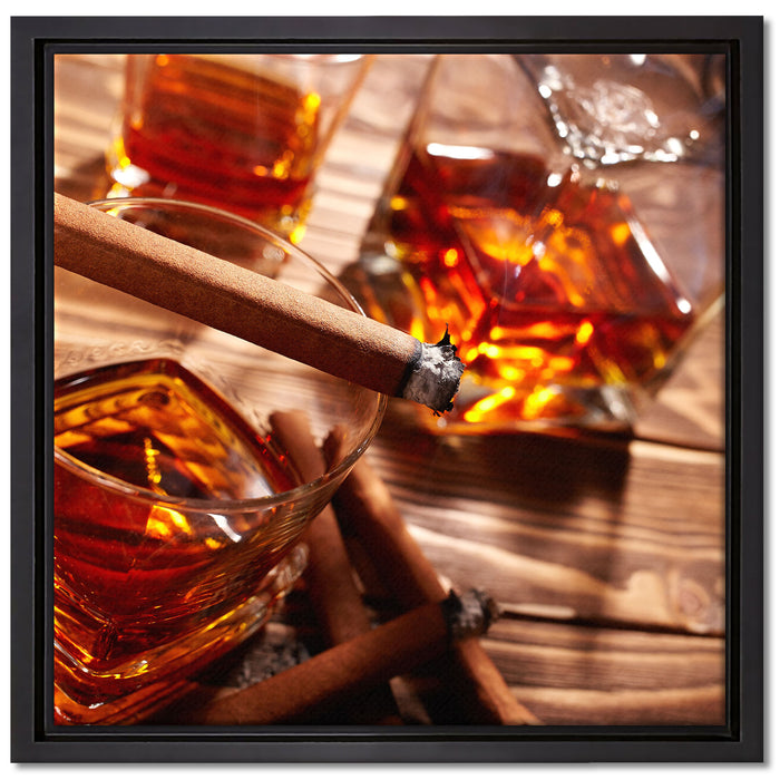 Edler Whiskey mit Zigarre auf Leinwandbild Quadratisch gerahmt Größe 40x40