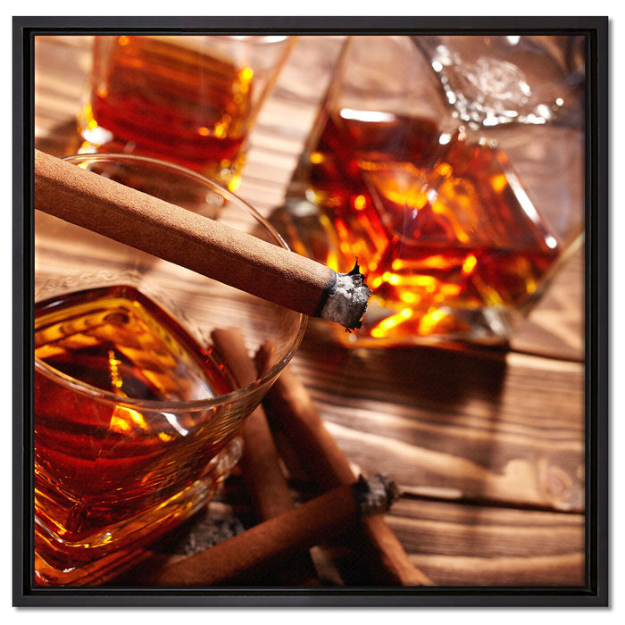Edler Whiskey mit Zigarre auf Leinwandbild Quadratisch gerahmt Größe 60x60