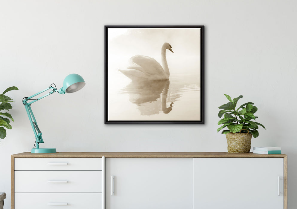 Schwan im Morgennebel auf Leinwandbild gerahmt Quadratisch verschiedene Größen im Wohnzimmer