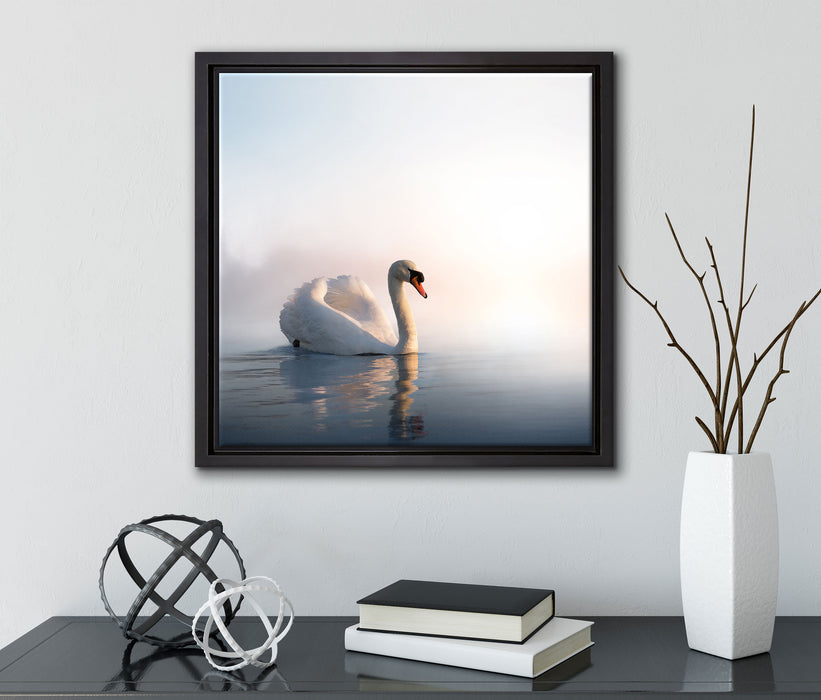 traumhafter weißer Schwan im See  auf Leinwandbild Quadratisch gerahmt mit Kirschblüten