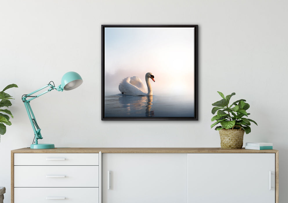 traumhafter weißer Schwan im See auf Leinwandbild gerahmt Quadratisch verschiedene Größen im Wohnzimmer
