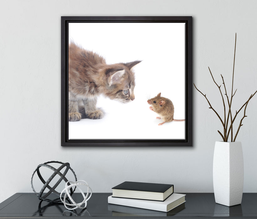 Katze und Maus Freunde  auf Leinwandbild Quadratisch gerahmt mit Kirschblüten