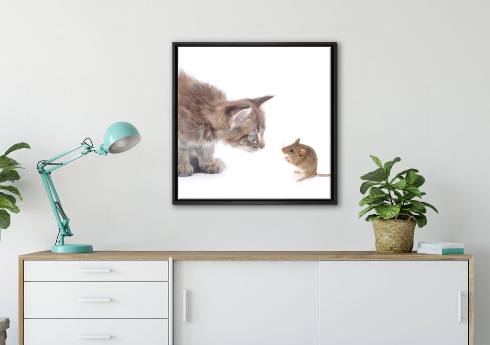 Katze und Maus Freunde auf Leinwandbild gerahmt Quadratisch verschiedene Größen im Wohnzimmer