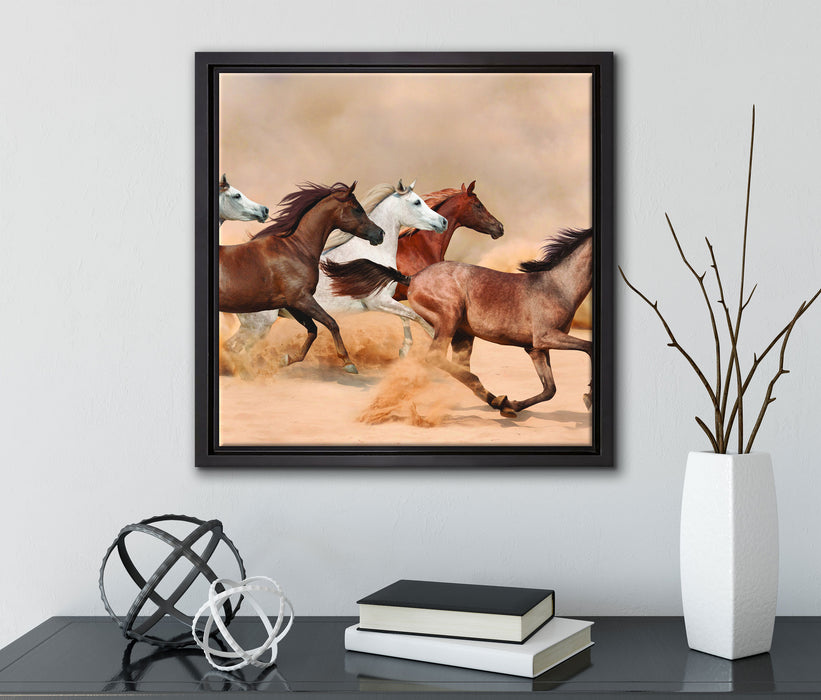 Western Pferde in Wüste  auf Leinwandbild Quadratisch gerahmt mit Kirschblüten