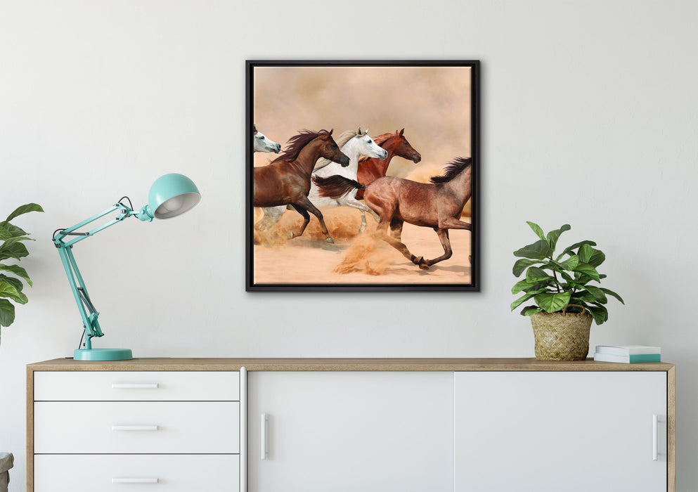 Western Pferde in Wüste auf Leinwandbild gerahmt Quadratisch verschiedene Größen im Wohnzimmer