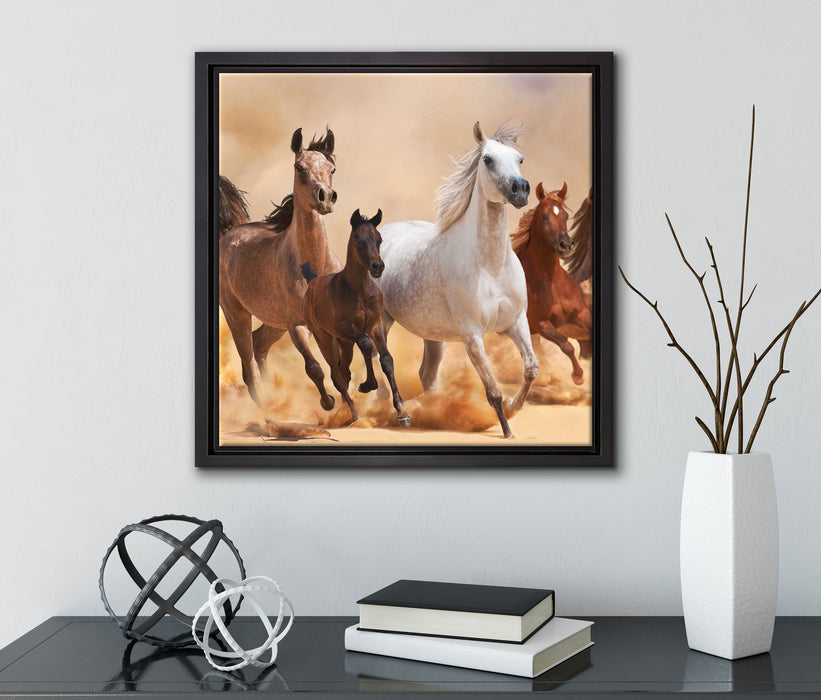 Western Pferde mit Fohlen  auf Leinwandbild Quadratisch gerahmt mit Kirschblüten
