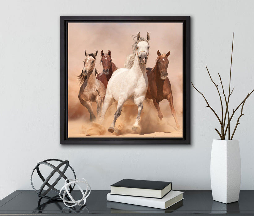 Western Pferde in Wüste  auf Leinwandbild Quadratisch gerahmt mit Kirschblüten