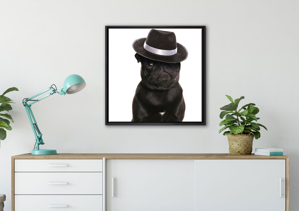Mops mit Mafia Hut auf Leinwandbild gerahmt Quadratisch verschiedene Größen im Wohnzimmer