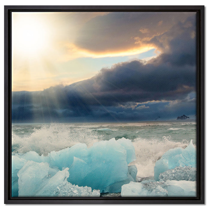 Blaues Polareis im Sonnenschein auf Leinwandbild Quadratisch gerahmt Größe 60x60