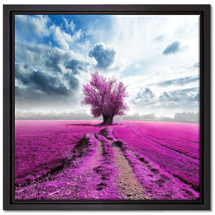 Pinkes Feld mit pinkem Baum auf Leinwandbild Quadratisch gerahmt Größe 40x40