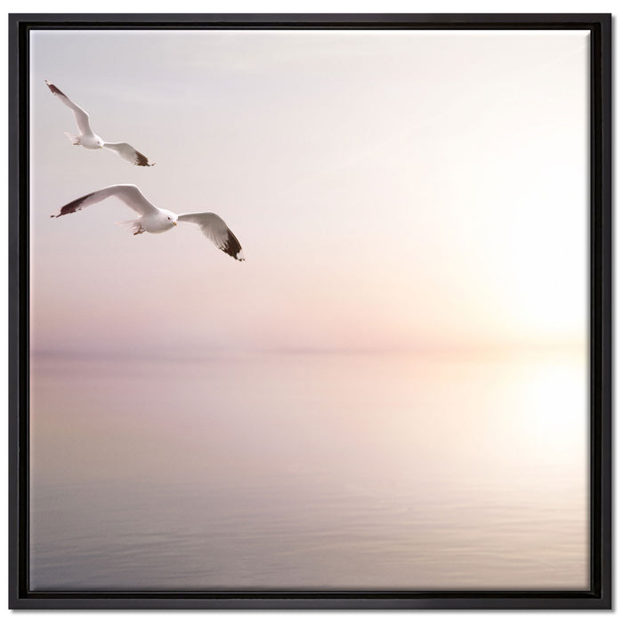 Möwen am Meer bei Sonnenaufgang auf Leinwandbild Quadratisch gerahmt Größe 70x70