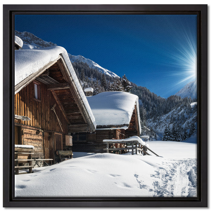 Verschneite Alpenhütte auf Leinwandbild Quadratisch gerahmt Größe 40x40