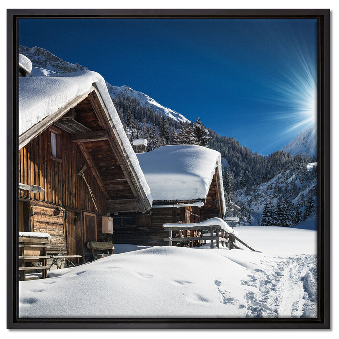 Verschneite Alpenhütte auf Leinwandbild Quadratisch gerahmt Größe 60x60