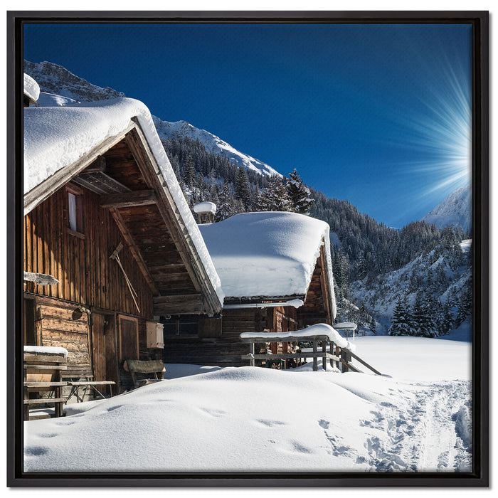 Verschneite Alpenhütte auf Leinwandbild Quadratisch gerahmt Größe 70x70