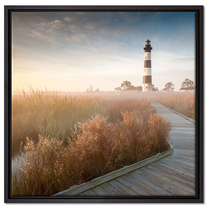 Leuchtturm im Nebel auf Leinwandbild Quadratisch gerahmt Größe 60x60