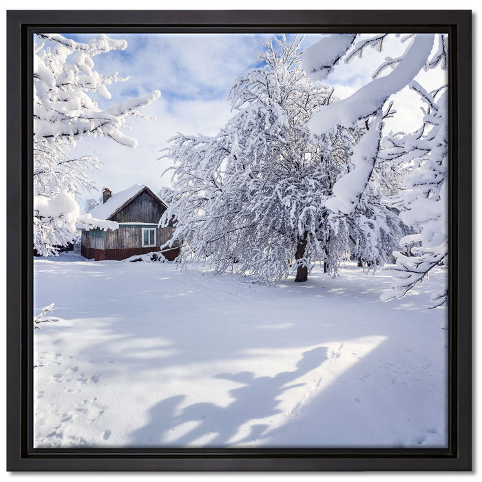 Winterlandschaft mit Hütte auf Leinwandbild Quadratisch gerahmt Größe 40x40