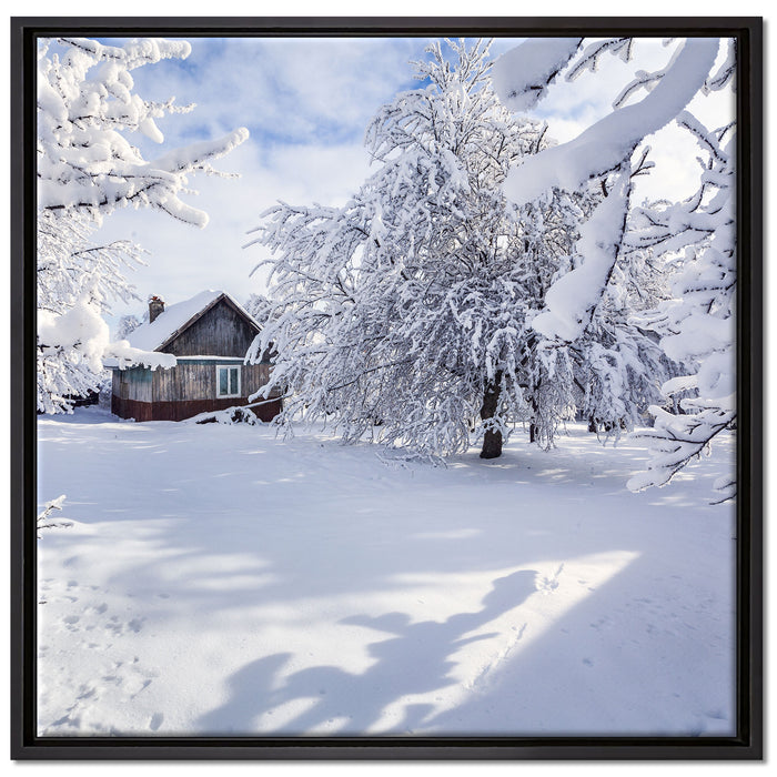 Winterlandschaft mit Hütte auf Leinwandbild Quadratisch gerahmt Größe 70x70
