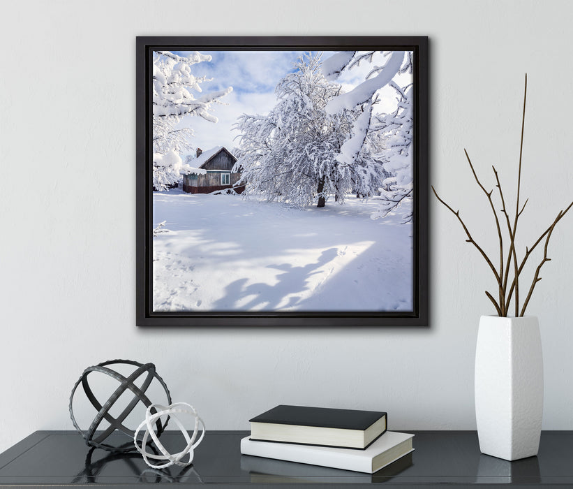 Winterlandschaft mit Hütte  auf Leinwandbild Quadratisch gerahmt mit Kirschblüten